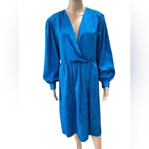 Gloria Vanderbilt vintage blue satin damask jacquard electric blue dress-10